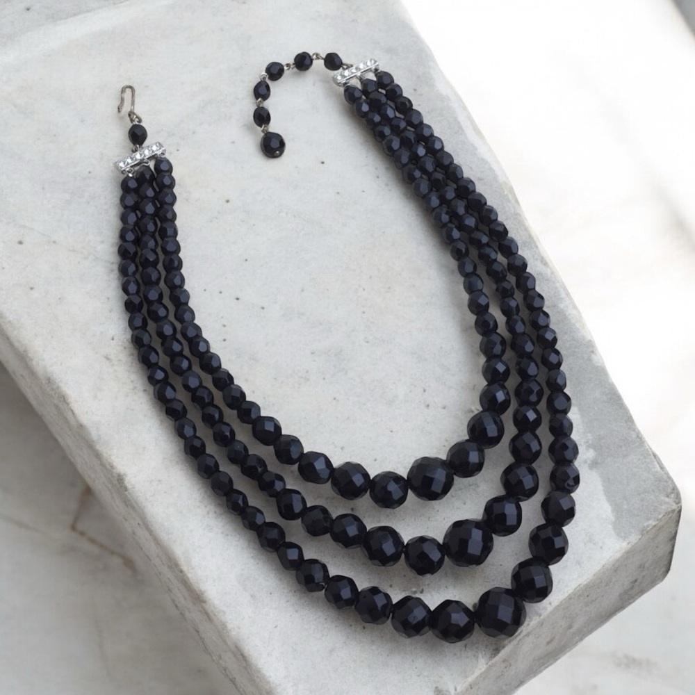 VINTAGE BLACK BEAD NECKLACE TRIPLE STRAND MADE IN GERMANY - buy one get one